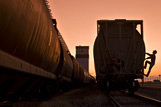 A worker climbs a rail hopper car at a grain elevator